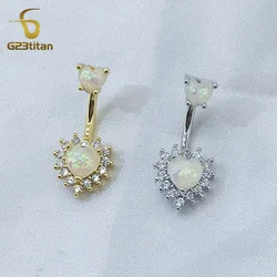 G23titan Double Opal Stone Crystal Heart Belly Button Ring 6-16mm Surgical Titanium Barbell Navel Ombligo Piercing Women Jewelry