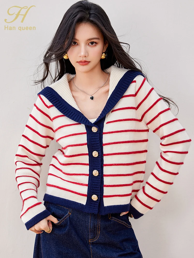 H Han Queen Autumn Winner Loose Striped Knit Cardigan Jacket Sweater Vintage Casual Women\'s Clothing Simple Thick Warm Sweaters