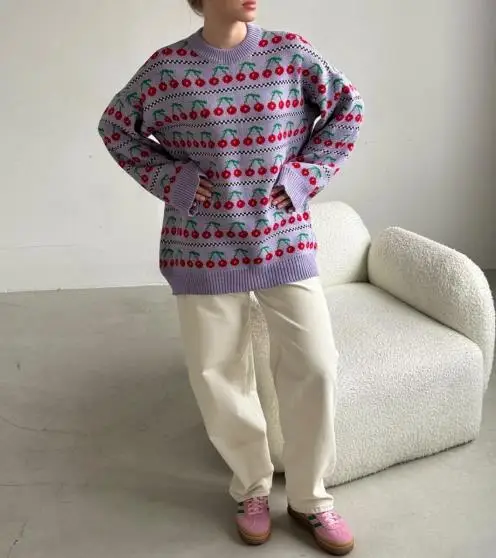 Winter 2025 Vintage Knitted Cherry Jacquard Round Neck Sweater for Women, Casual and Cute Loose Long Sleeved Knitted Sweater