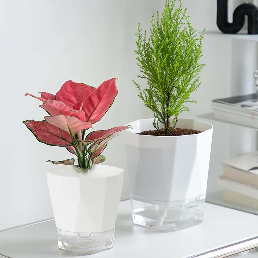 6Pcs Self Watering Plastic Flower Pot Transparent Double Layer Automatic Water-Absorbing Flowerpot Small Plant Pot Home Decor