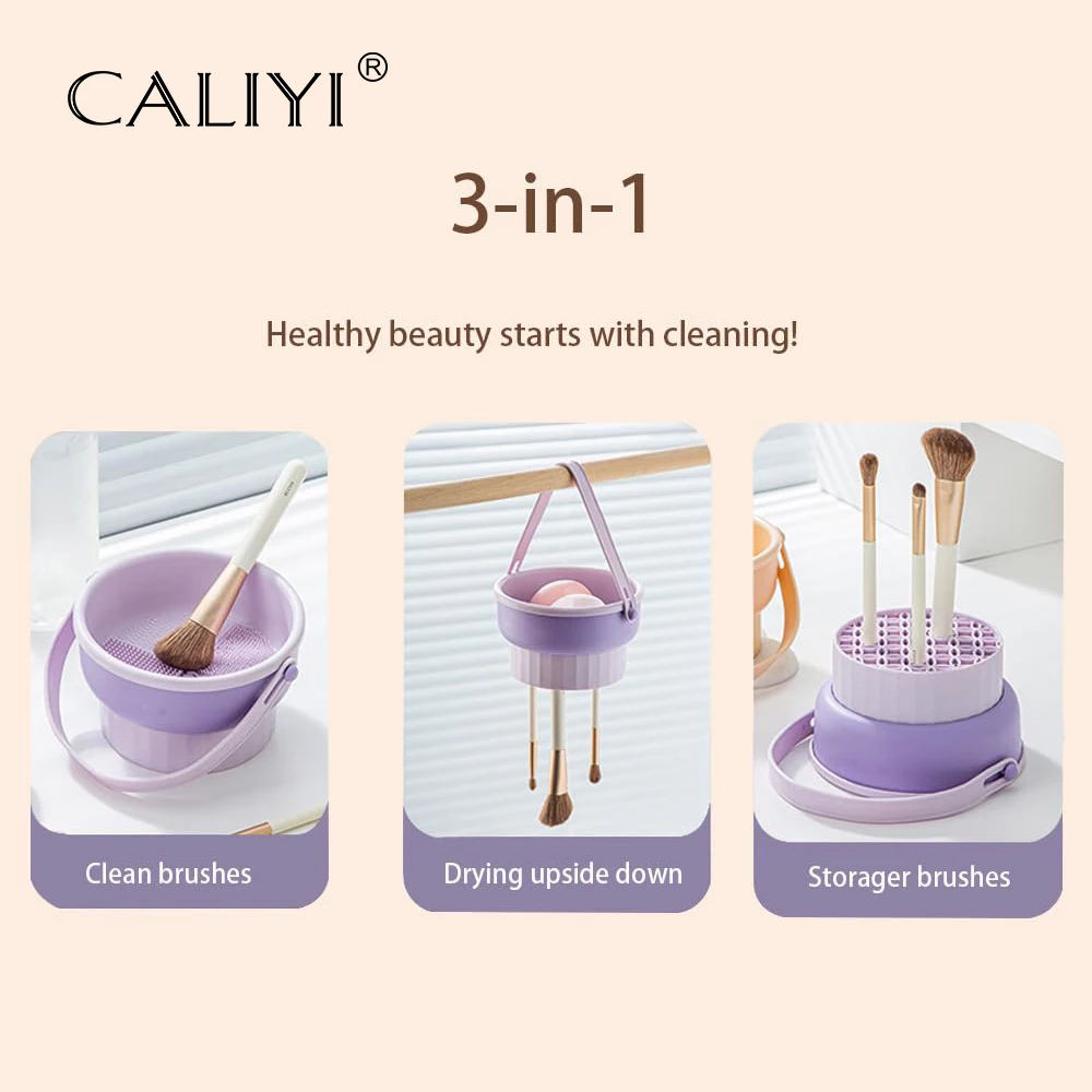 CALIYI Detergente per pennelli per trucco Ciotola in silicone 3 in 1 con liquido detergente da 80 ml per supporto di stoccaggio Detergente per strumenti per trucco cosmetico