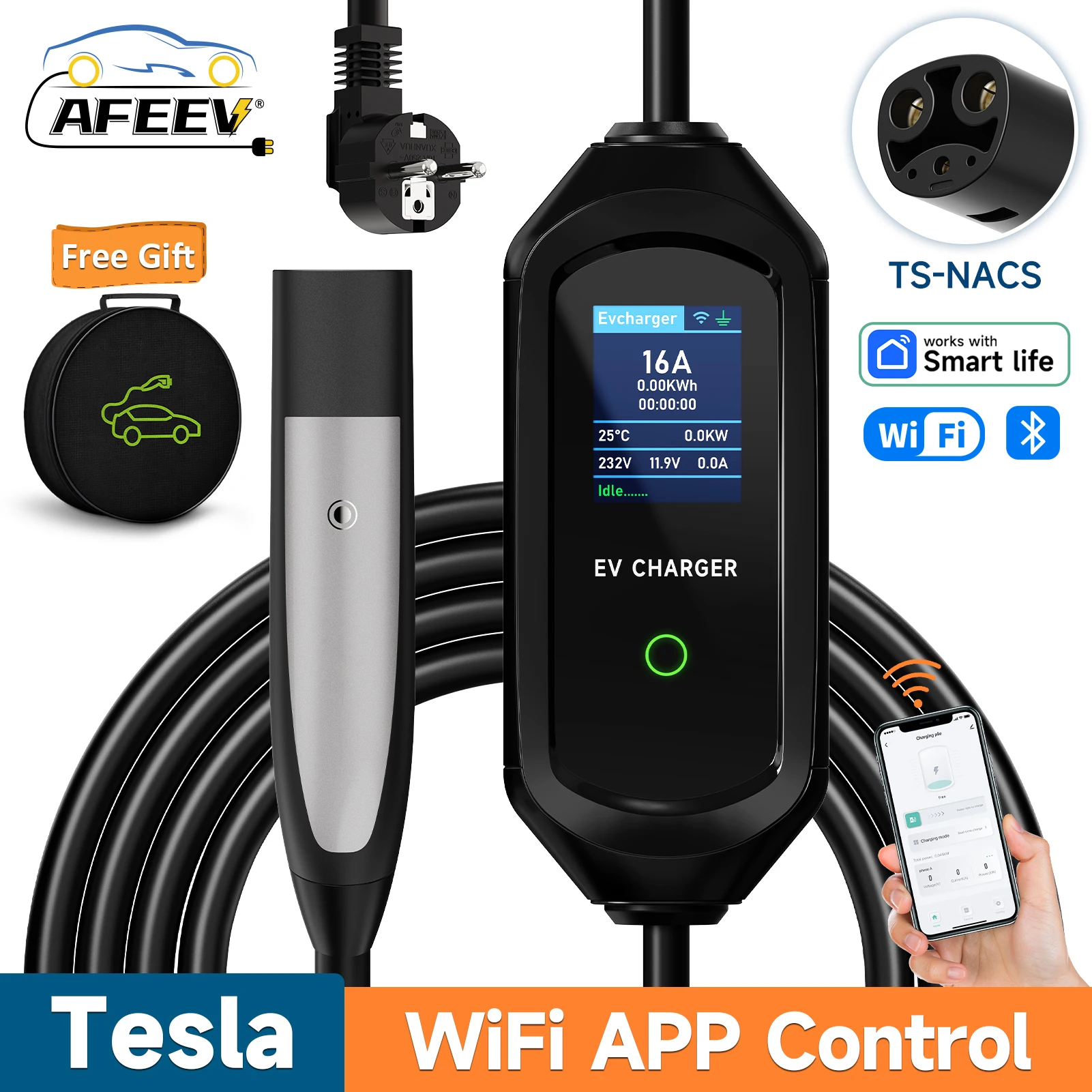 AFEEV 3.5KW/7KW Portable EV Charger for Tesla Model 3/X/Y/S Highland 2024 EVSE Fast Charging Cable CEE Plug Electric Car Wallbox