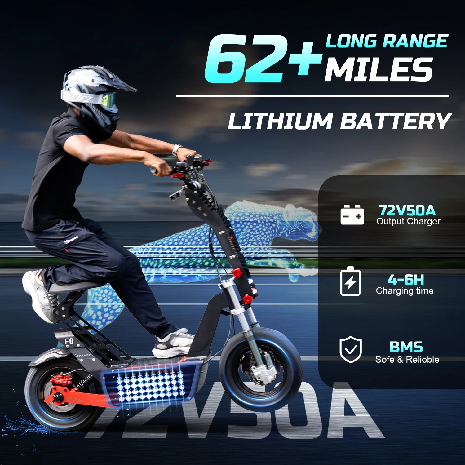 HEZZO F8 Electric Scooter 16 Inch Foldable 72v 8000W 62.5MPH 50Ah