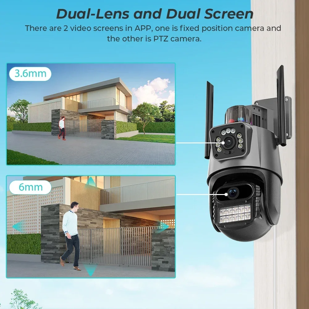 Dual Lens Outdoor Wifi PTZ Camera 4K 8MP HD Outdoor IP Camera Auto Tracking Security Camera iCsee Color Night Vision 2-way Audio