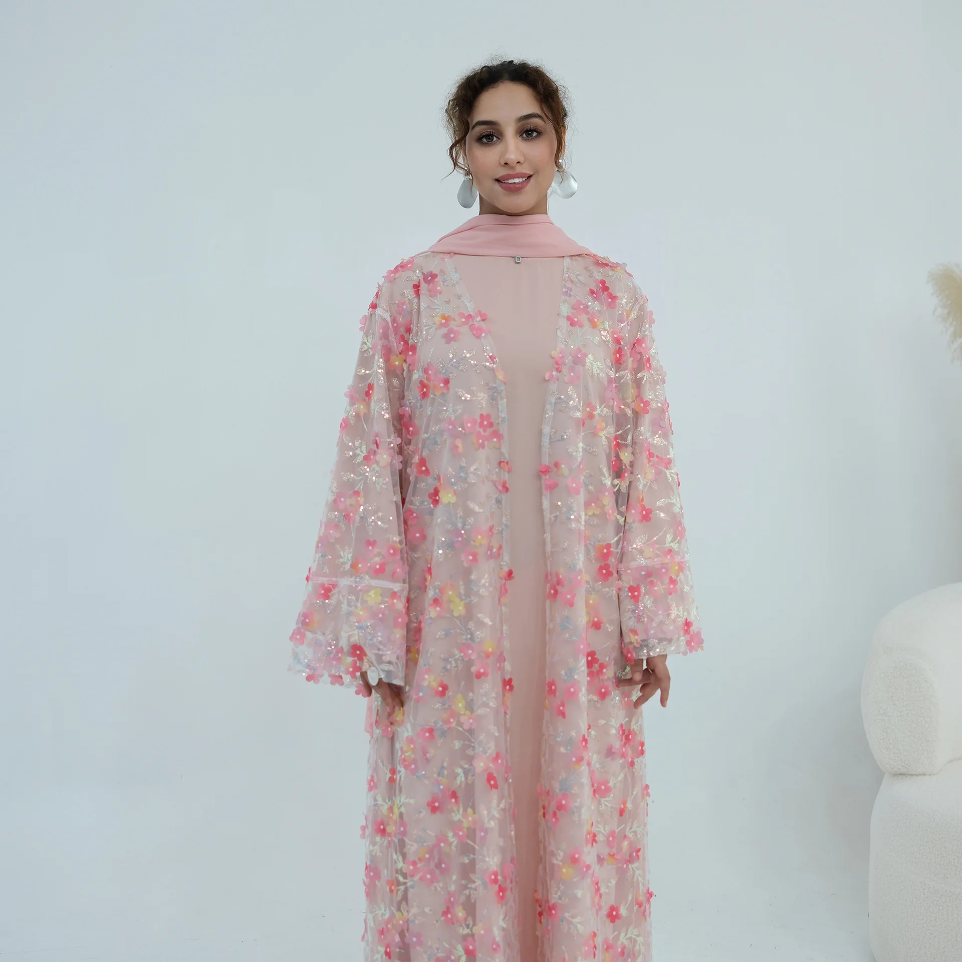 عباية زهراء الإسلامية مع فستان داخلي وحجاب مزين بالدانتيل وزهور ثلاثية الأبعاد، طقم من 3 قطع، فساتين نسائية للعيد، عباية نسائية مسلمة 17