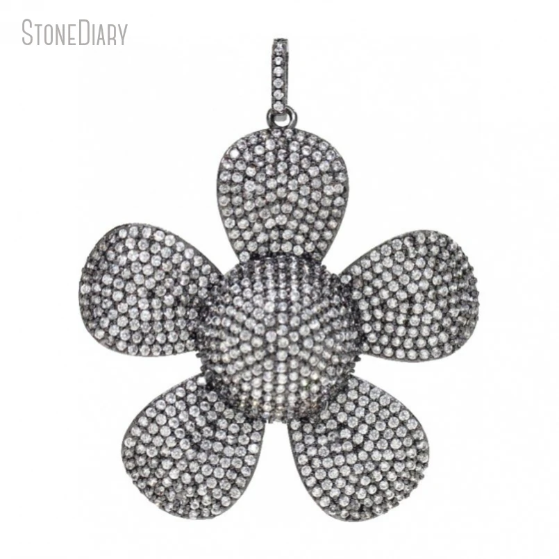 

5Pcs Wholesale Black Gunmetal Color Invisible Setting Clear Cubic Zirconia Copper Jewelry Flower Pendant PM48022