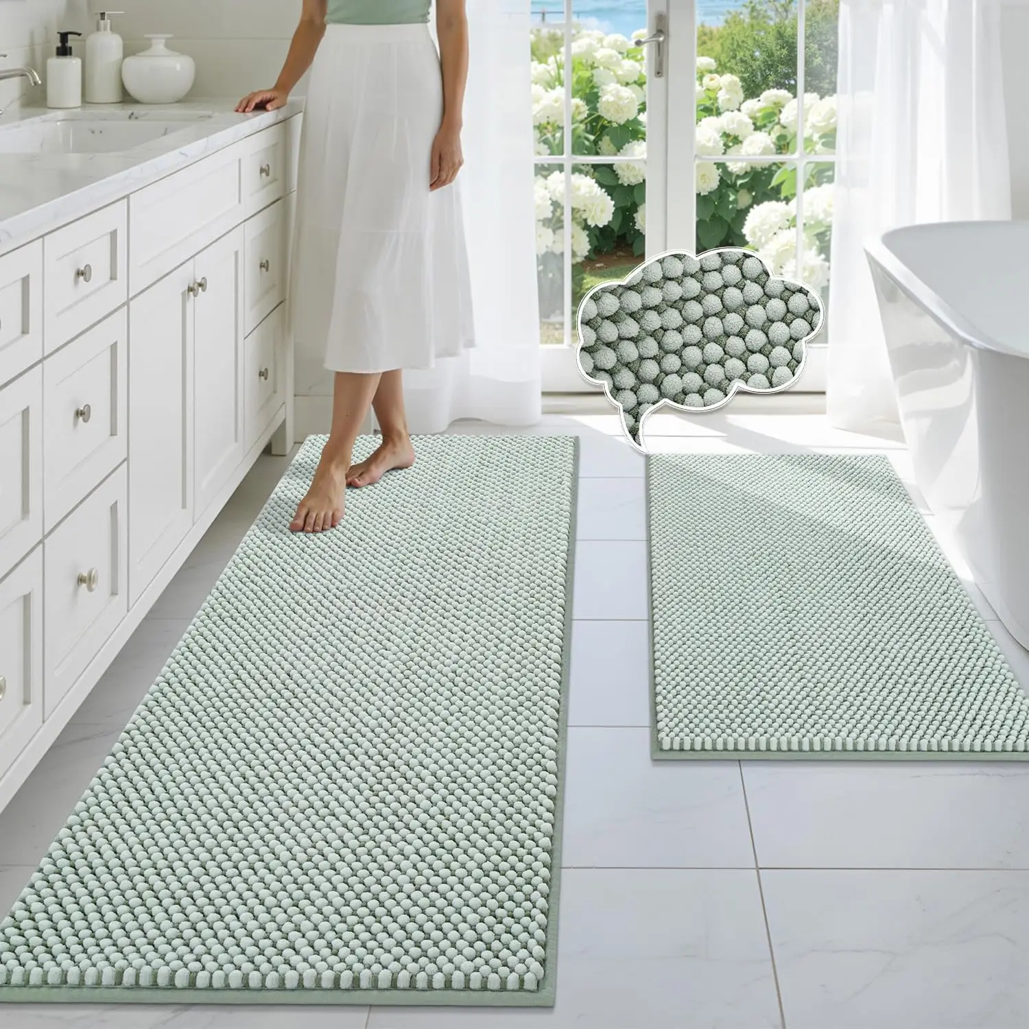 

Chenille Bath Mats Set of 2 - Non-Slip, Thick, Soft & Absorbent Shower Floor Rugs in Mint Green (20" x 47" + 20" x 32")