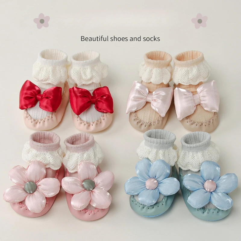 Baby Princess Socks Shoes Korean Style Floral Bow Leather Sole Non-Slip First Walkers Booties for Toddler Spring Fall Sock