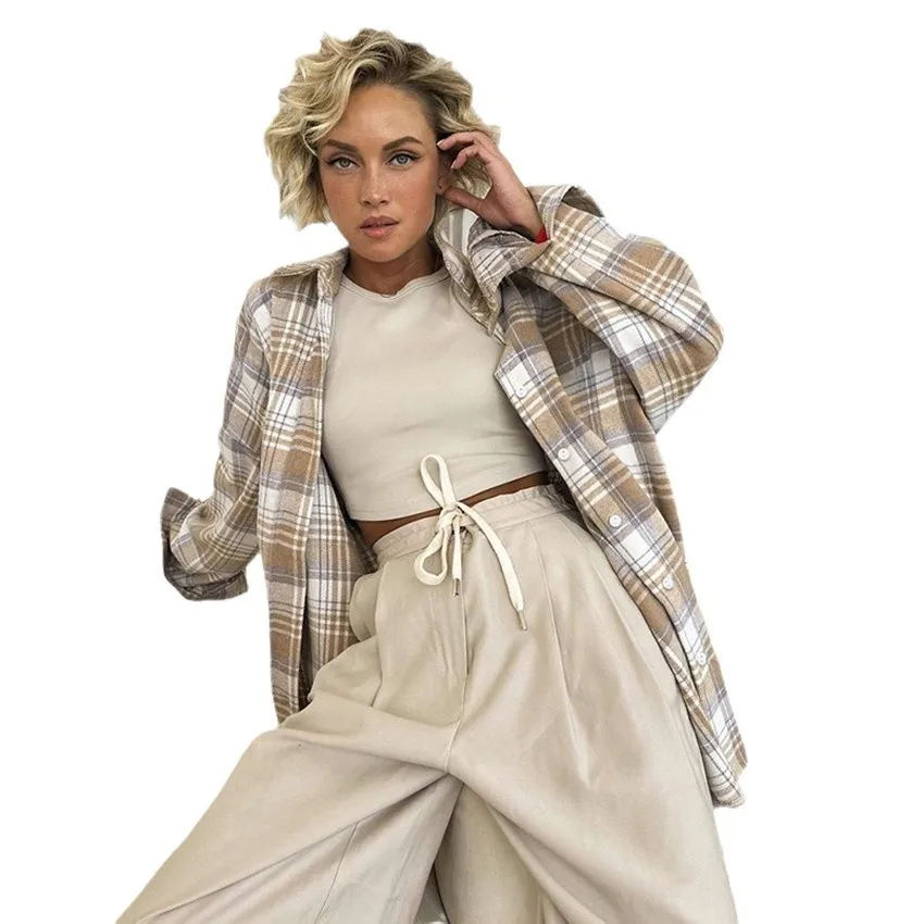 Camisa Retro para mujer primavera otoño moda a cuadros suelta Casual estilo viajero Tops manga larga solapa ropa de un solo pecho