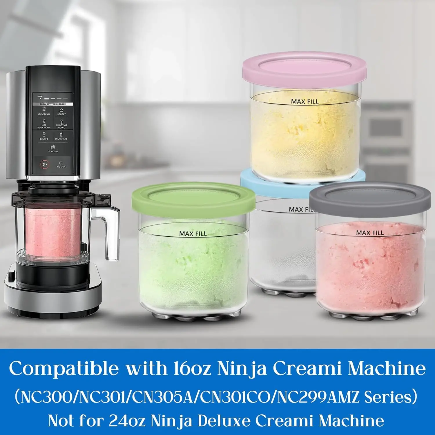 4Pcs Ice Cream Pints Cups Ice Cream Maker Storage Jar With Sealing Lids Ice Cream Scoop Gadgets For NINJA CREAMI NC300s Series