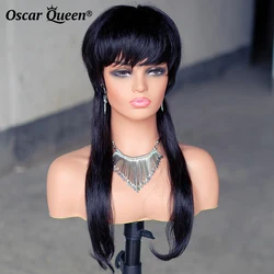 Full Machine Made Short Pixie Cut Wig With Bangs Glueless Ready to Wear Brazilian Loose Curly Human Hair No Lace Wigs For Women