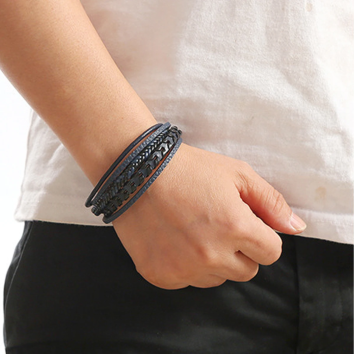 1pc Mode Zubehör MÄNNER Mehrschichtige Vintage Leder Seil Geflochtene Armband Legierung Magnetische Schnalle Armband – Detail 7