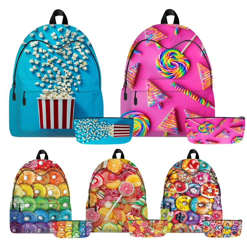 

Fruit Macaron Pizza Backpacks Kawaii Kids Children Small Bookbag Fries Popcorn 2pcs Laptop Travel Men Women Sport Mochila