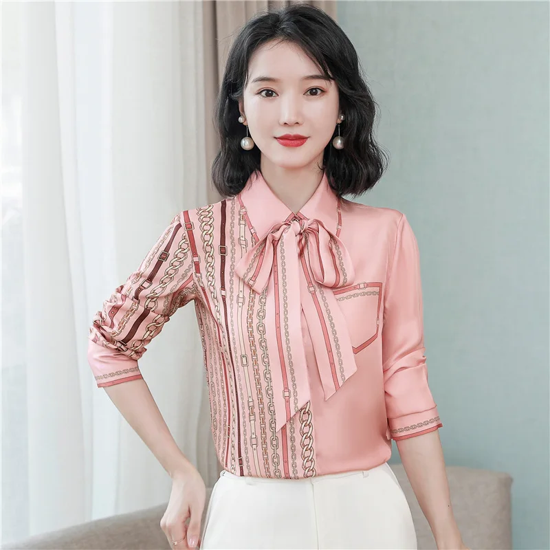 

Printed Long Sleeve Silk Shirt WomenSpring New Turn-Down Collar Tie Loose Cas