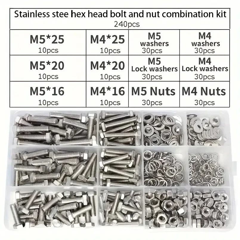 240pcs Stainless Steel Hex Bolt & Nut Set - Durable, Corrosion-Resistant with M4 & M5 Sizes for Versatile Use