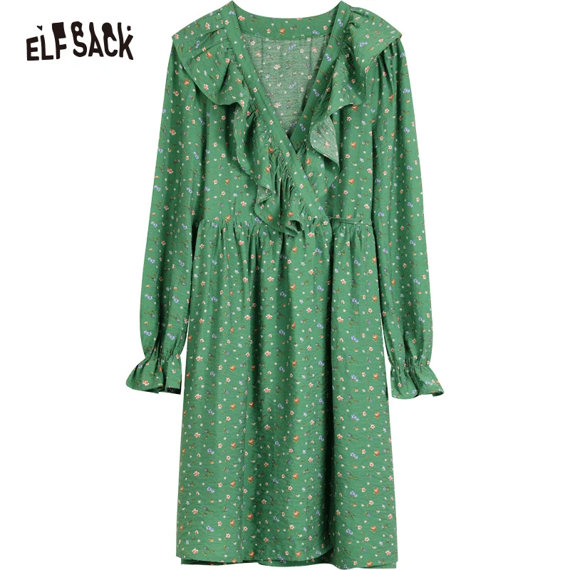 ELFSACK Green Ruched Floral Dresses Women 2023 Spring Waist Long Sleeve Daily Dress