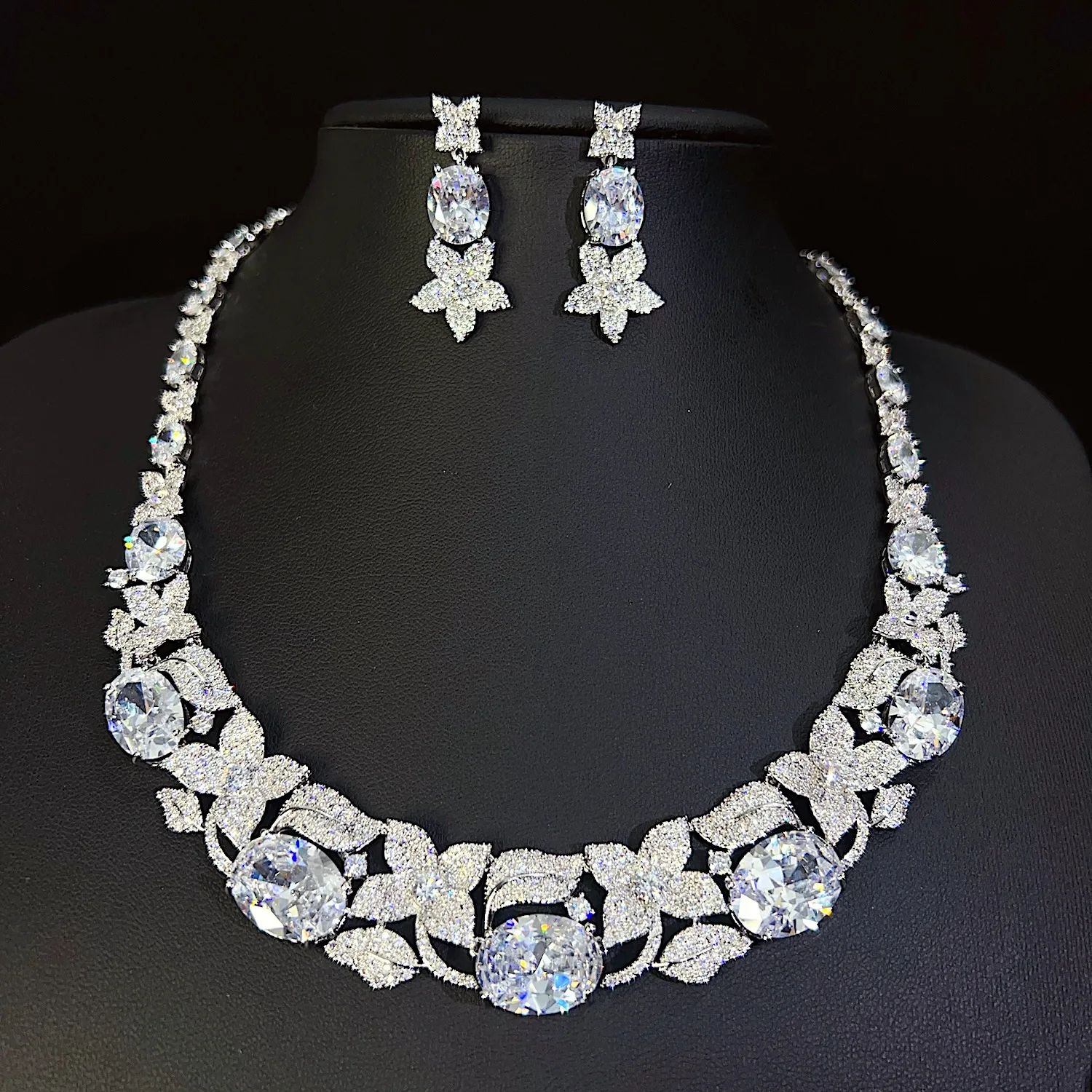SLBRIDAL Sparkling Alloy Cubic Zircon Flower Bridal Jewelry Set Wedding CZ Necklace Earring Set Women Girl Banquet Party Jewelry