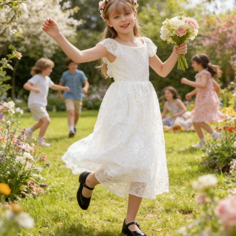 Girls' Dresses For Eid White Princess Dress Wedding Bridesmaid Gown Elegant Girl Birthday Party Pageant Prom Festive Dress