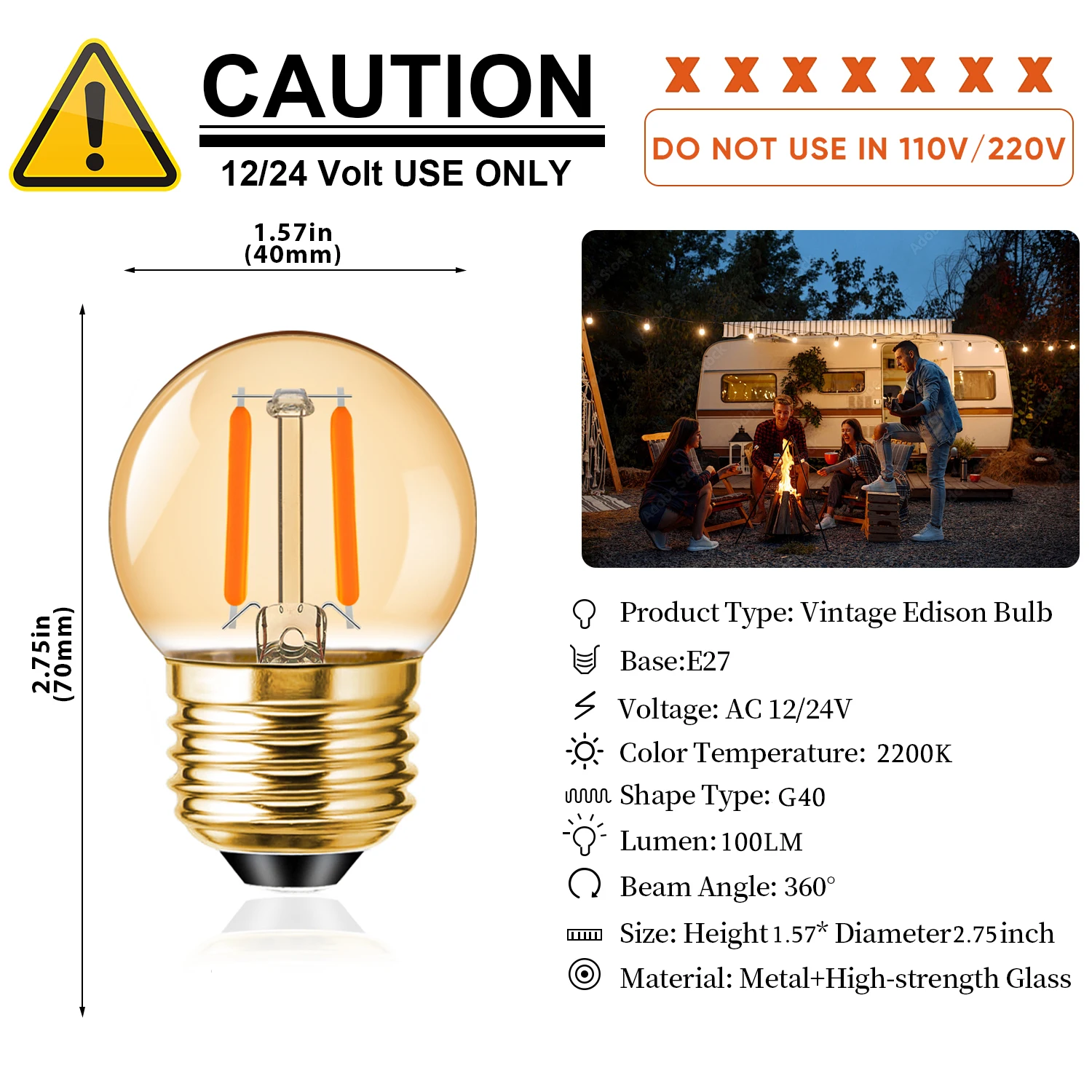 Imagem -02 - Vintage Lâmpada Led E27 G40 12v 24v dc Baixa Tensão 1w para Camping ao ar Livre Economia de Energia rv Decoração