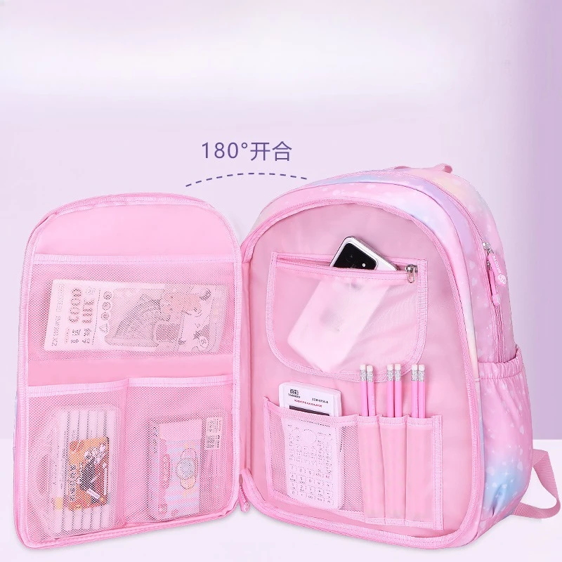 Elementary School Girl's Cute Rainbow Backpack Large Capacity Side-Opening Design Grades 1-2-3-6 5-Pocket Backpack