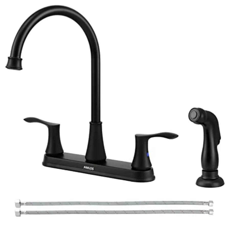 

8 Inch Kitchen Faucet with Side Sprayer 2 Handles High Arch Kitchen Sink Faucet with Supply Lines 4-Hole Installation Matte Bla