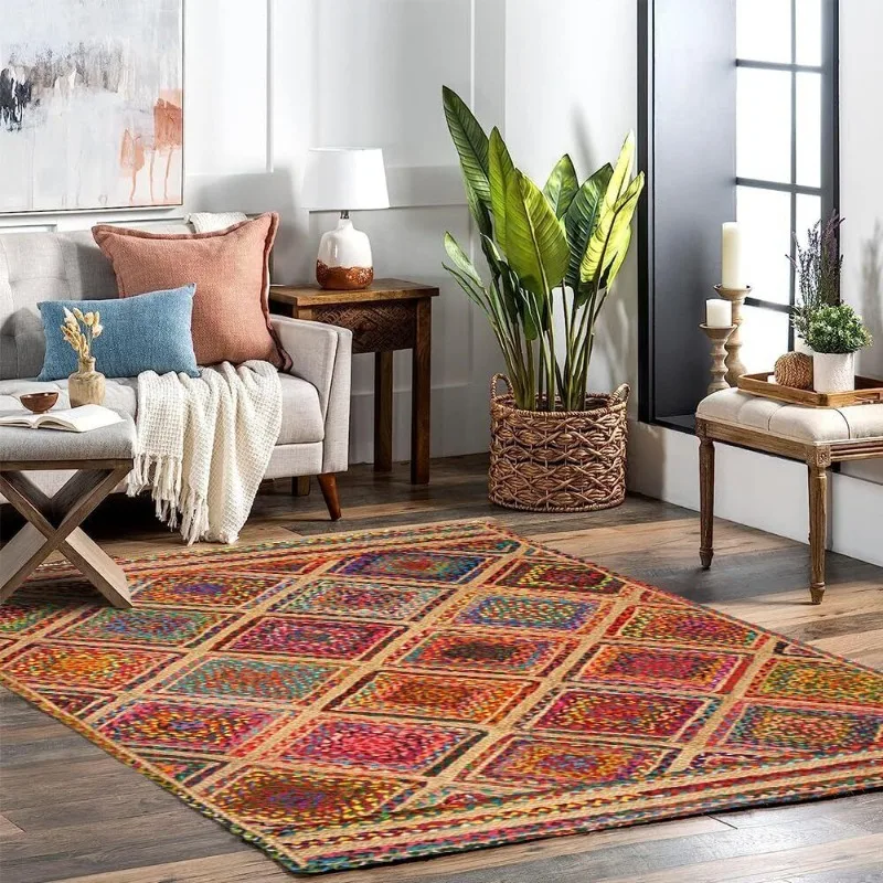 120x180cm Handwoven Jute Area Rug Natural Fibre Rectangular Multicolor Boho