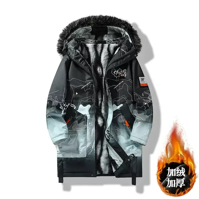 Winter Trendy Printed and Plush Thick Warm Long Cotton Jacket For Men's Casual Loose Sports Plus Large Size High-Quality Jacket