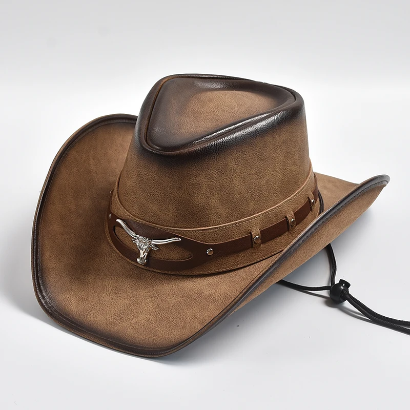 New 100% Leather Western Cowboy Hat Men Wide Brim Gentleman Church Jazz Cap Cowgirl Hats Sombrero Hombre