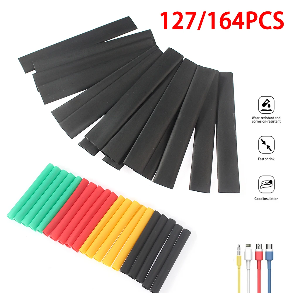 127/164pcs Heat Shrink Tube Insulation Sleeving Tubing Kit 2:1 Shrink Electrical Wire Cable Wrap for Wire Repair & Connection