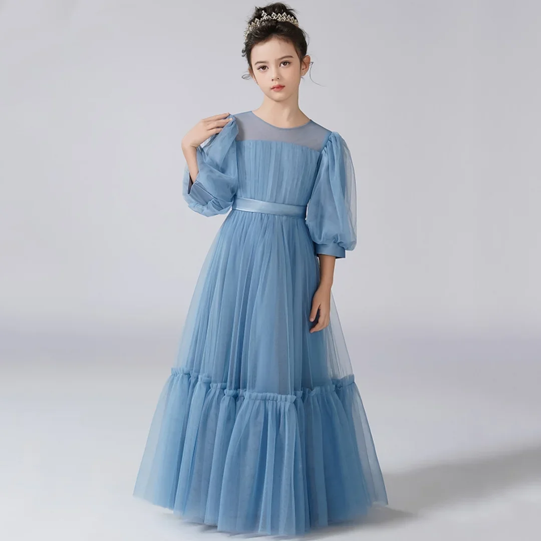 Abito da ragazza di fiore in tulle a strati personalizzato con fiocco Matrimonio Compleanno Cintura blu grigia Mezza manica per banchetti Abiti da santa comunione