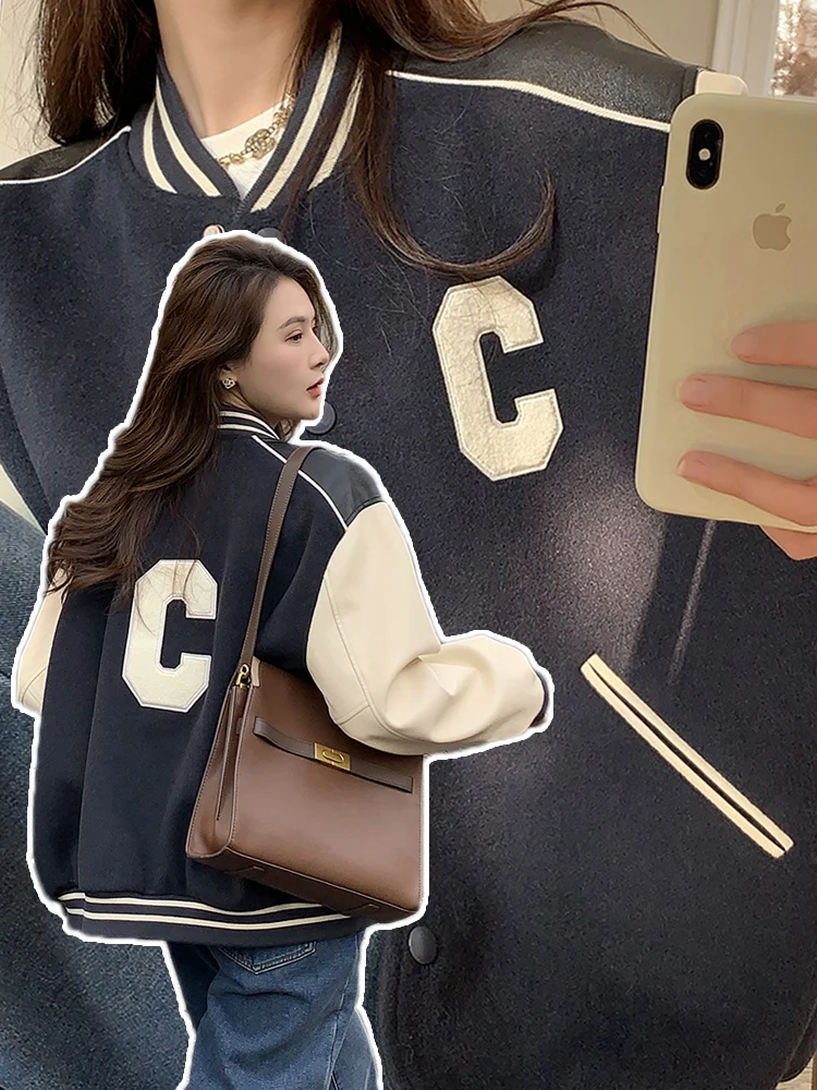 

Thiened ort Baseball Jaet Women's Casual Sle Autumn Winter New Faion Couple's Clothes Button Design Polyester Fiber