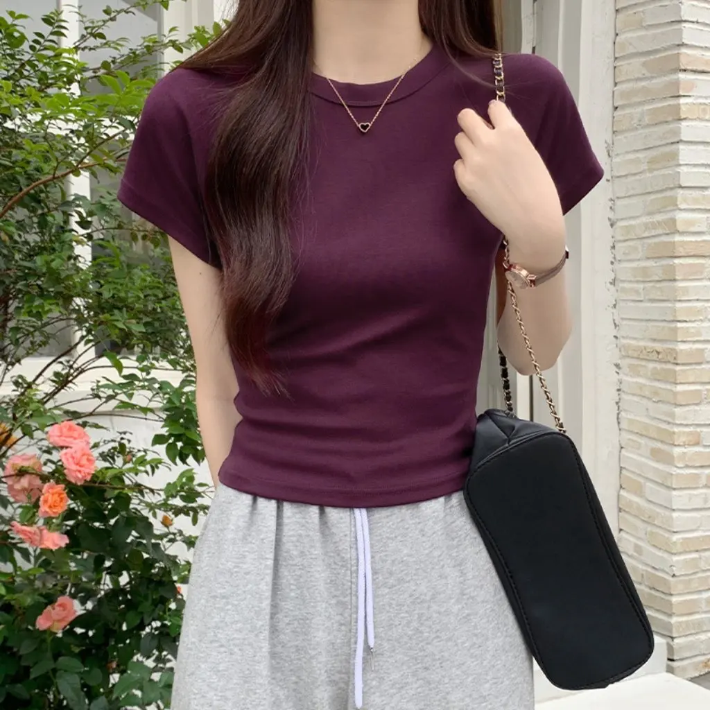 

Women's Purple Retro American Style T-shirt Summer High Waist Slim-fit Short Sleeve French Top for Slimming Fashion