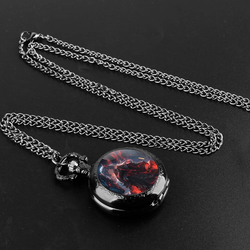 Anime Hutao Cosplay Genshin Quartz Pocket Watch for Women Men Black Necklace Unique Pendant Clock Chain Watch Gift Accessories