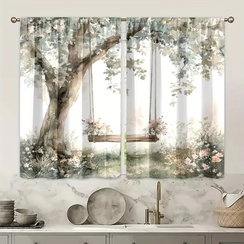 2PCS Multicolor Watercolor Tree Swing And Floral Meadow Pattern Curtains Rod Pocket Design For Bedroom And Living Room