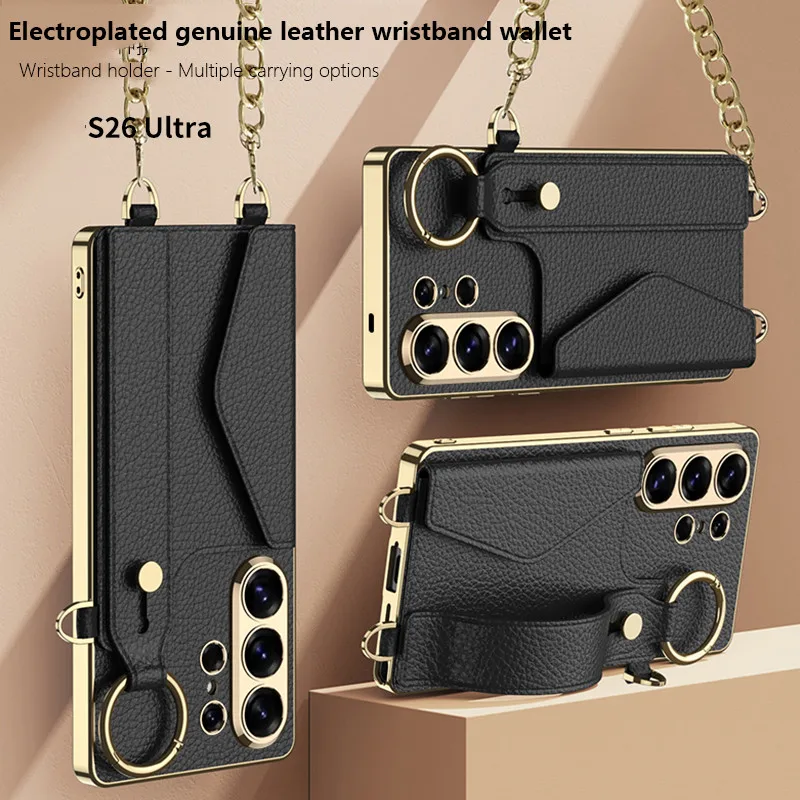 Case For Samsung Galaxy S26Ultra S26 Ultra 5G Leather Skin Card Bag With Chain and Wraist Strap Design Protective Back Cover