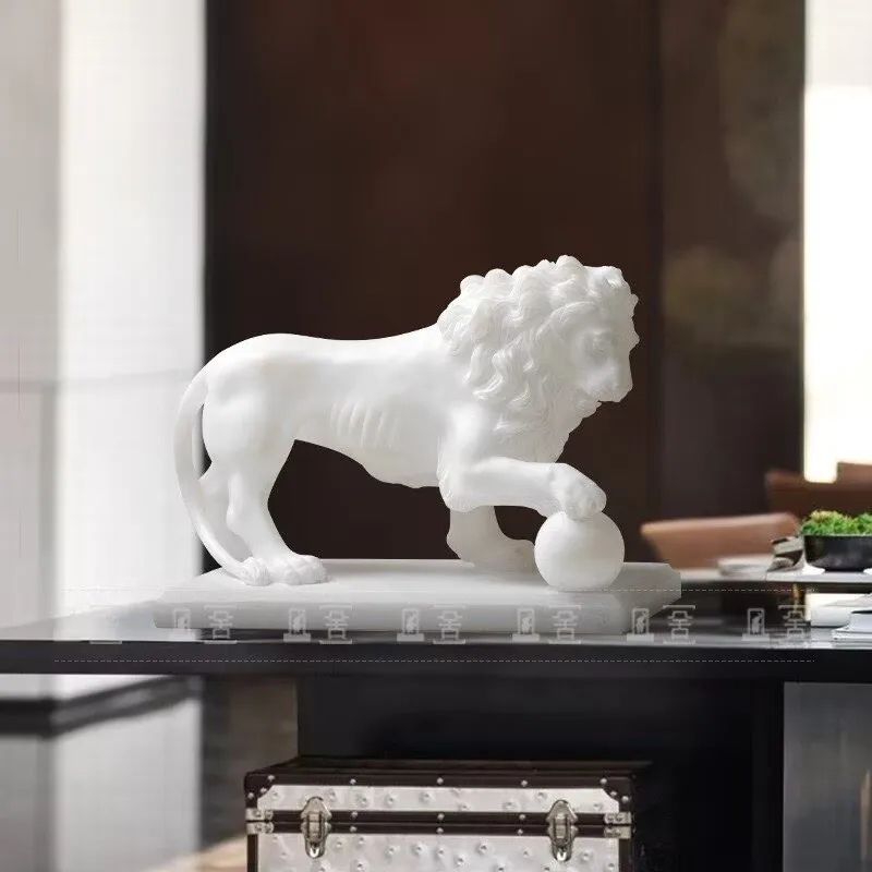 Statues sculptures male lions playing balls imitation jade stepping on embroidered balls lion ornaments living room foyer TV cab