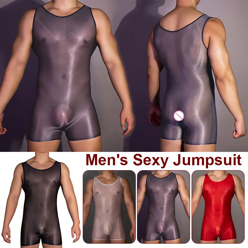 Mens Sexy Sissy Bodysuit Glossy Oil Shiny Jumpsuit Stretchy Sexy Sheer Lingerie See Through Briefs Breathable Erotic Underwear