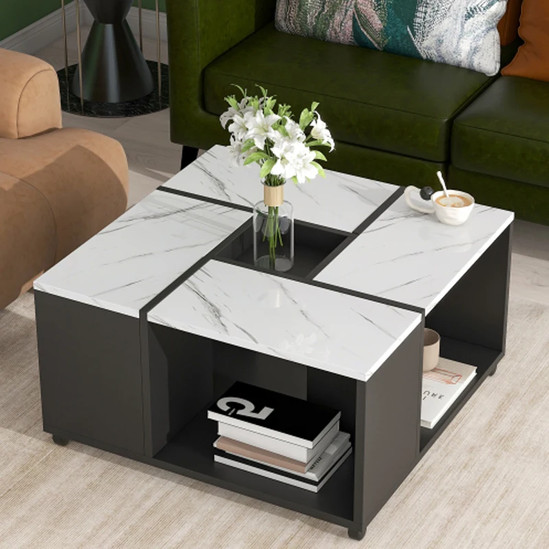 

Modern 2-layer Coffee Table with Casters, Square Cocktail Table with Removable Tray, UV High-gloss Marble Design Center Table