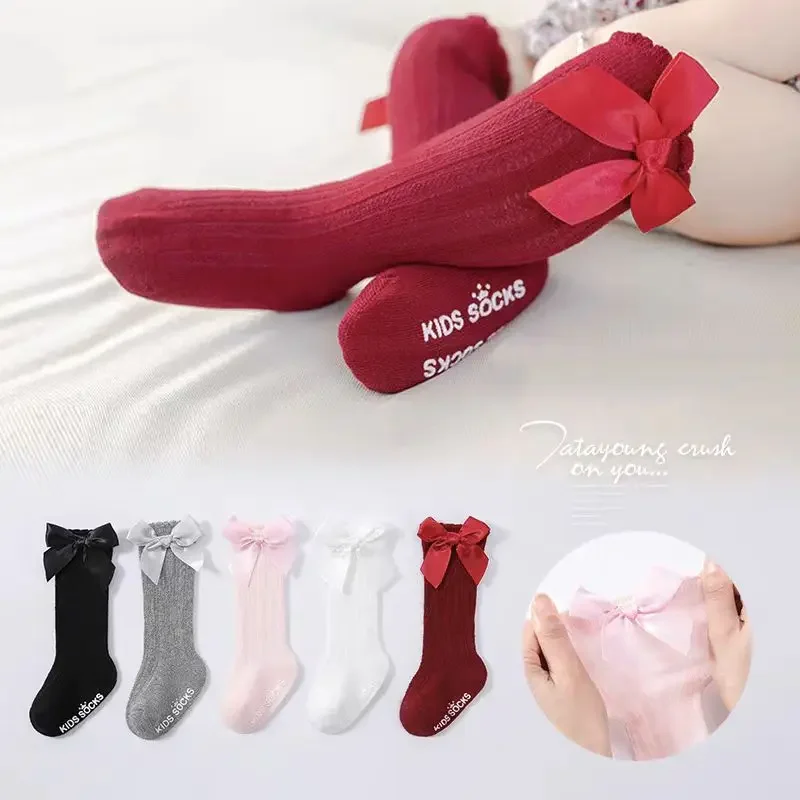 

New Born Baby Girls Socks Spring Summer Autumn Non Slip Floor Crawling Sock Cute Big Bow Knee High Long Stockings for Toddlers