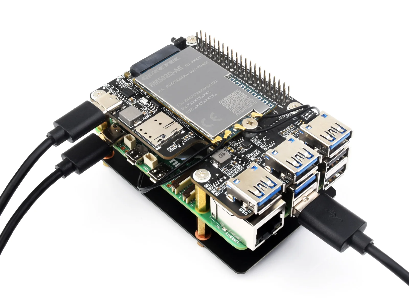 Waveshare PCIe to M.2 4G/5G And USB 3.2 HAT for Raspberry Pi 5, Compatible with SIMCom/Quectel 4G/5G modules, Raspberry Pi 5 HAT