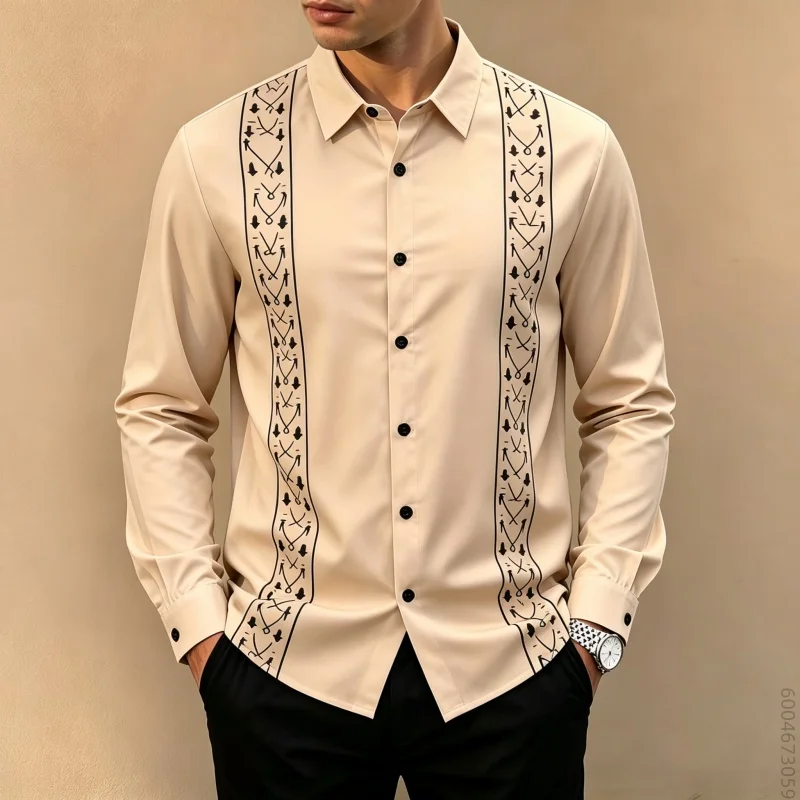 Men's long sleeved shirt with double-sided vertical stripe pattern printed top, fashionable, versatile and comfortable shirt