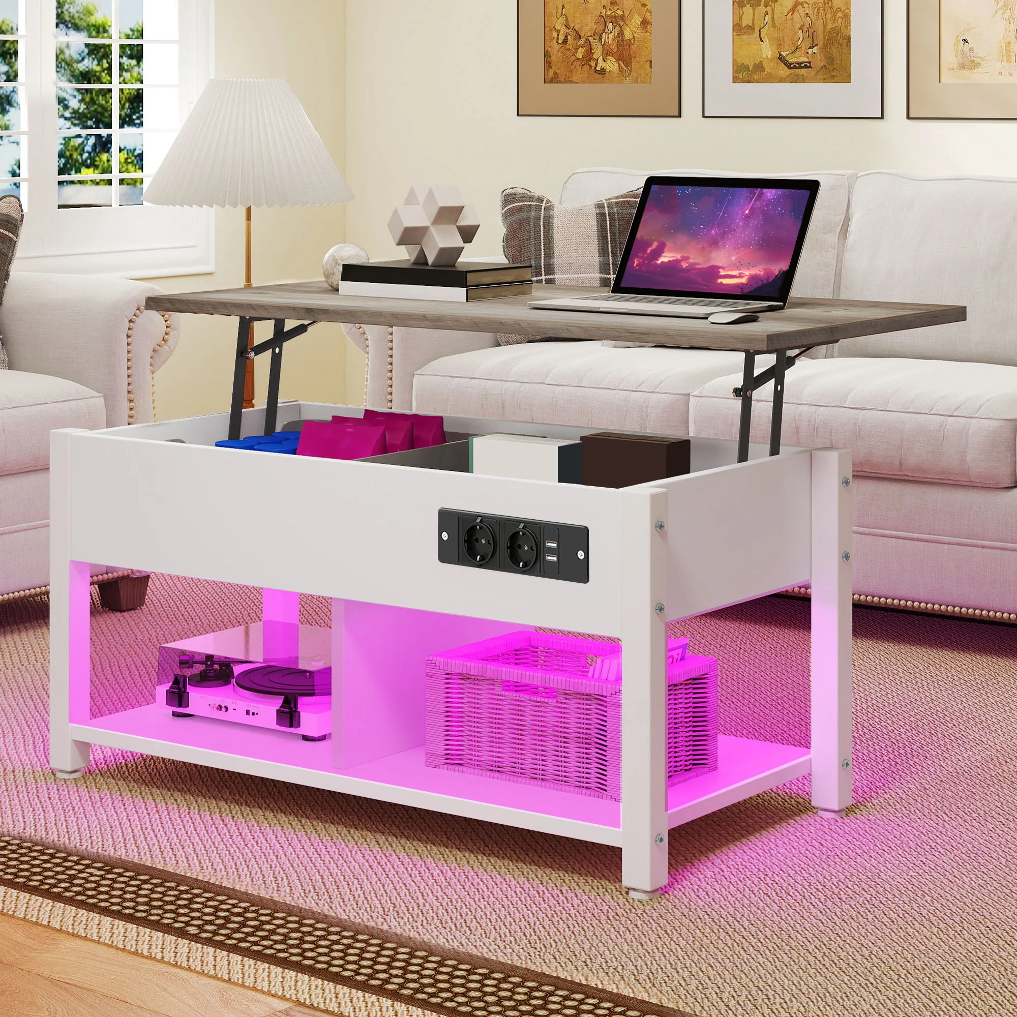 YITAHOME White/Grey Lift Table - Adjustable Height with 2 Storage Levels & Hidden LED Compartment
