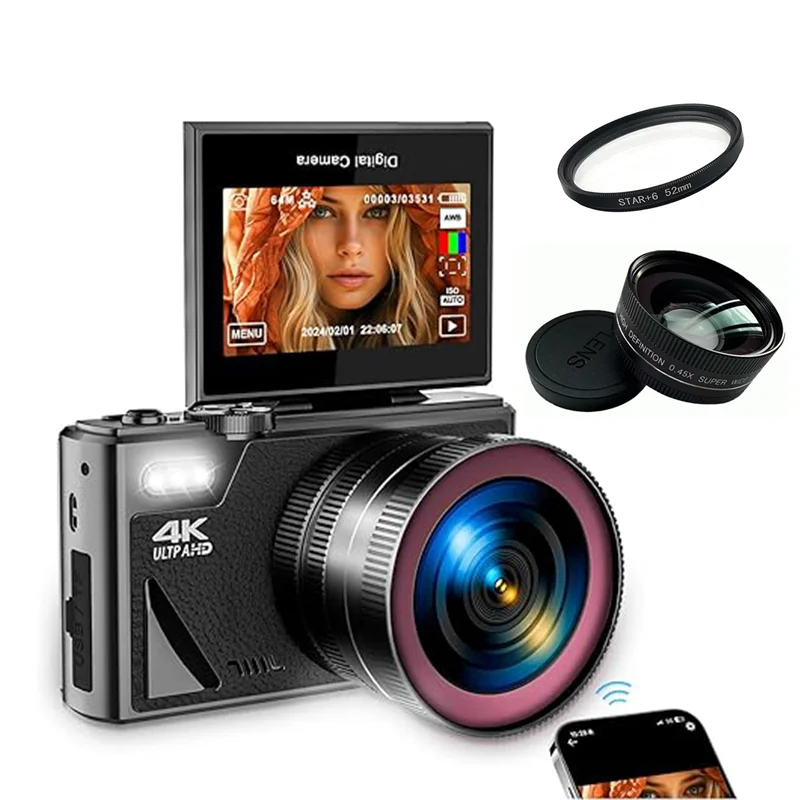 

4K Digital Camera& Photography Autofocus 64MP Vlogging Camera for YouTube，16X Digital Zoom Compact Camera, 3'' 180°Flip Screen