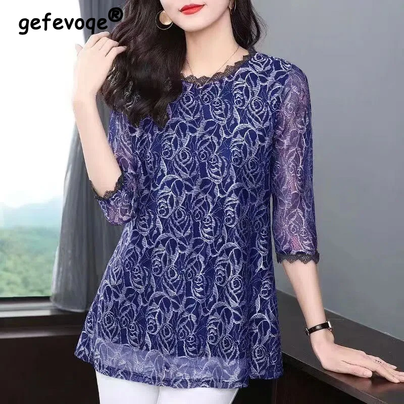 Vintage Elegant Fashion Floral Print Lace Patchwork Tunic Tops Blouses for Women Sexy Sheer Mesh O Neck Loose 3/4 Sleeve Shirts