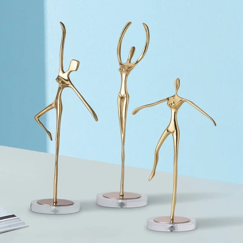 Ballet Girl Pure Copper Ornaments Crystal Base Yoga Figures Sculpture Metal Four-piece Suit Home Decorations Crafts