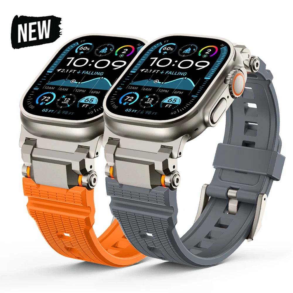 

Rubber Band for Apple Watch Ultra 2 49mm Series 10 9 8 7 46mm 45mm Soft Silicone Sports Metal Strap for iWatch 6 4 5 3 2 se 44mm
