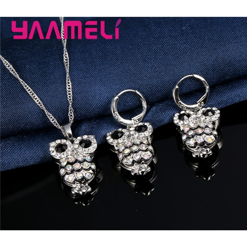 Luxury 925 Sterling Silver Women Jewelry Sets Shining Cubic Zircon Retro Night Owl for Girls Gifts Necklace Earrings