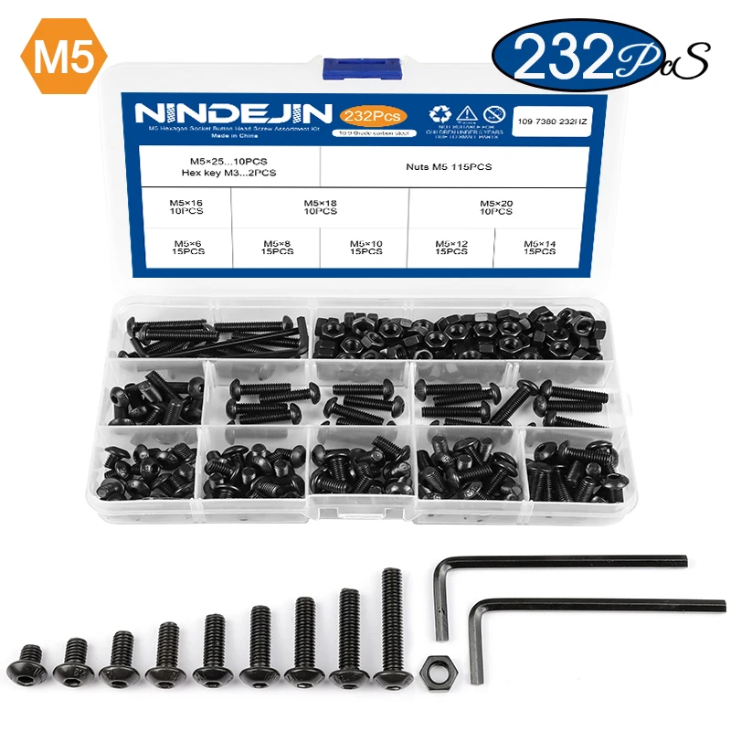 NINDEJIN Sechskant-Innensechskant-Halbrundkopfschraube, Mutter aus Kohlenstoffstahl, M2, M2,5, M3, M4, M5, M6, Inbus-Rundkopfschrauben-Set, Bolzen und Muttern-Set
