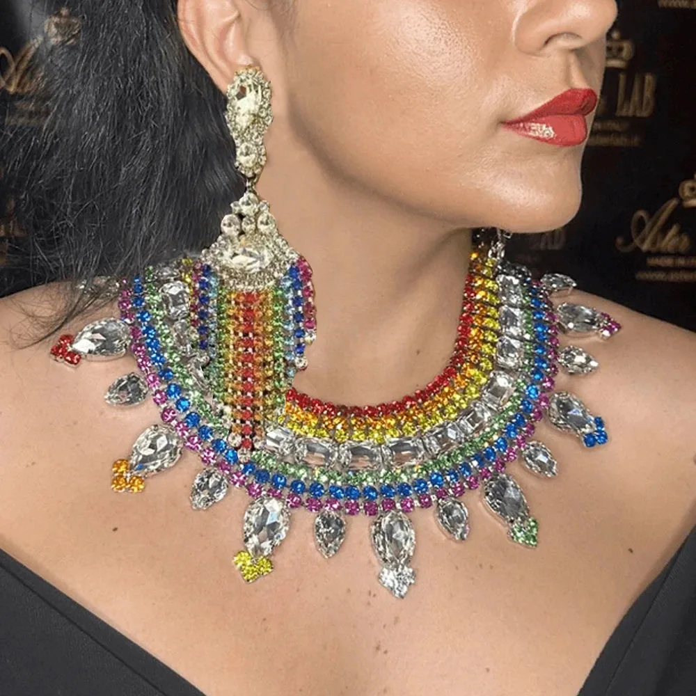 

Exaggerated Tassels Colorful Rhinestone Jewelry Sets Chunky Accessories Rainbow Women Bridal Necklace Earrings Set Wedding Gift