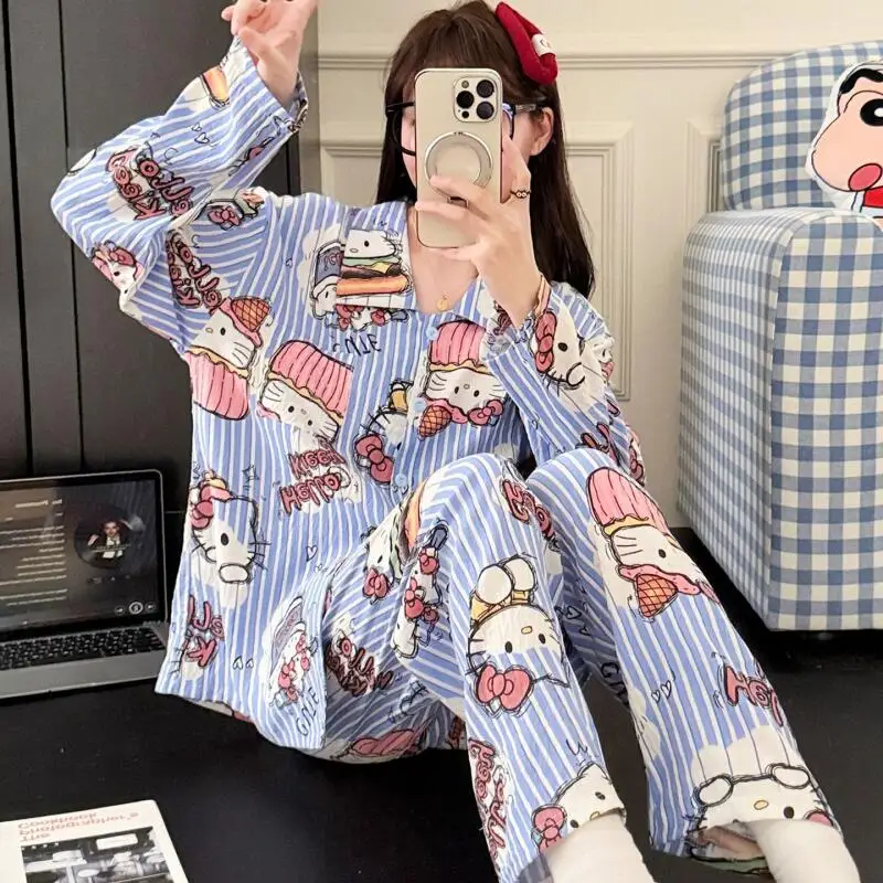 

Осень-зима, новый женский пижамный комплект «Hello Kitty», полосатая одежда для сна с длинными рукавами, повседневная одежда для дома, мягкая домашняя одежда, милый весенний костюм
